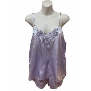 Vintage 2 PC Pajamas Camisole & Shorts Shiny Silky Nylon Lace Detail Size L